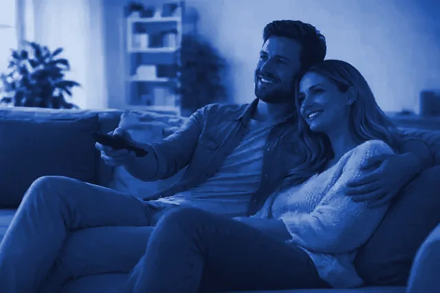 A family watching Aero IPTV on the living-room television