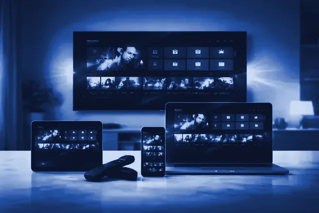 Aero IPTV playing on a smart TV, tablet, laptop and phone at once